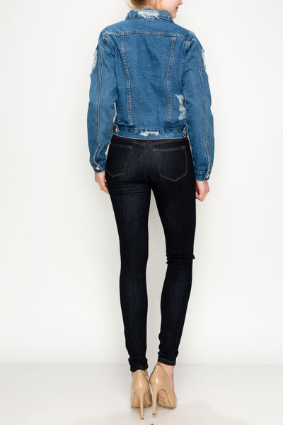Medium Wash Ripped Boxy Crop Denim Jacket