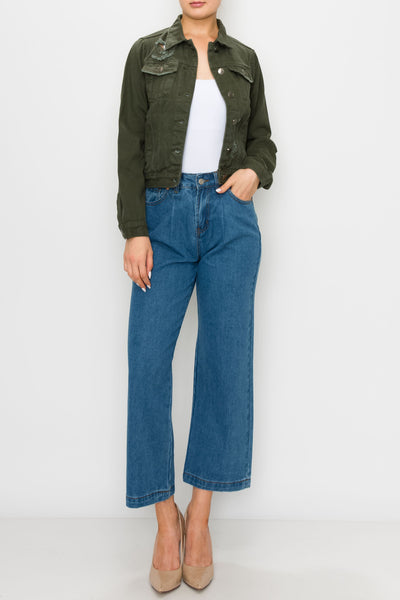 Olive Ripped Boxy Crop Jacket