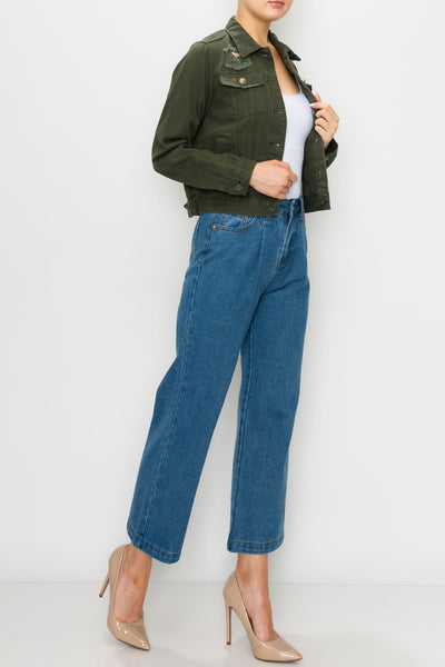 Olive Ripped Boxy Crop Jacket