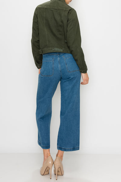 Olive Ripped Boxy Crop Jacket