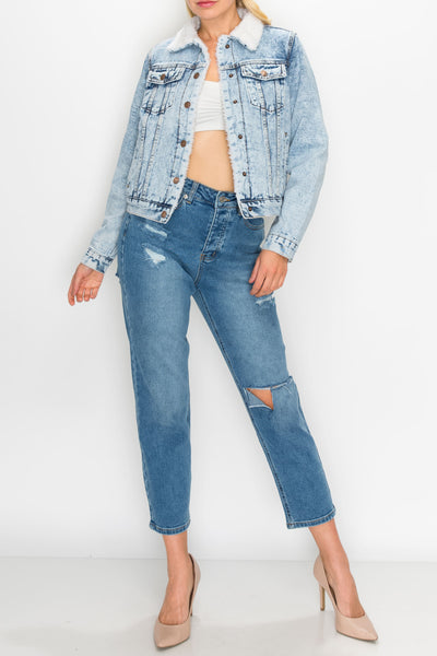 Acid Light Wash Sherpa Denim Jackets