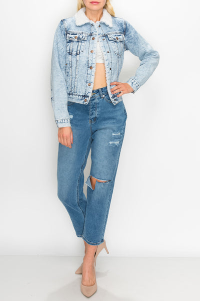 Acid Light Wash Sherpa Denim Jackets