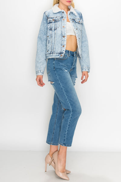 Acid Light Wash Sherpa Denim Jackets