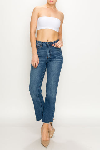 Dark Wash Raw Cut Hem Non-stretch Straight Jeans
