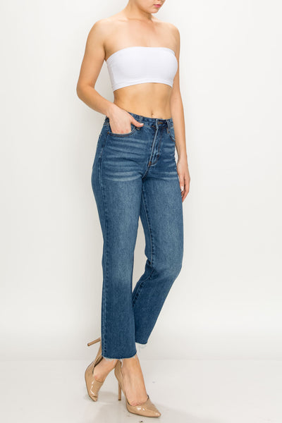 Dark Wash Raw Cut Hem Non-stretch Straight Jeans