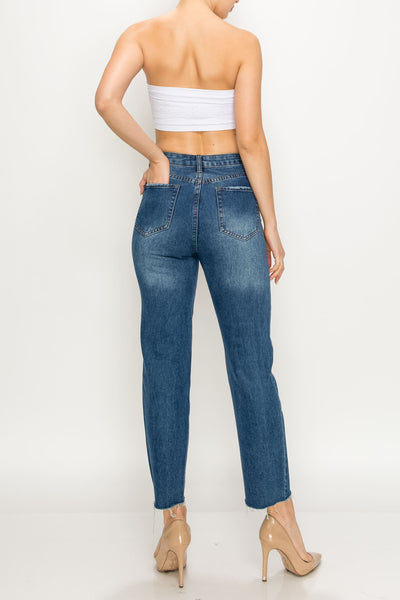 Dark Wash Raw Cut Hem Non-stretch Straight Jeans