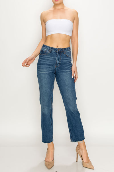 Dark Wash Raw Cut Hem Non-stretch Straight Jeans