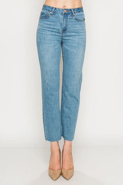 Light Wash Raw Cut Hem Non-stretch Straight Jeans