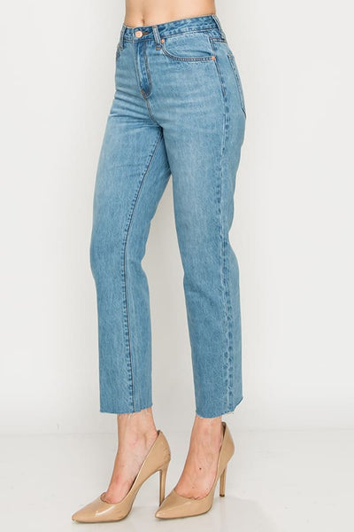 Light Wash Raw Cut Hem Non-stretch Straight Jeans