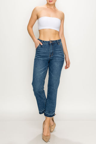 Dark Wash Released Hem Non-stretch Straight Jeans