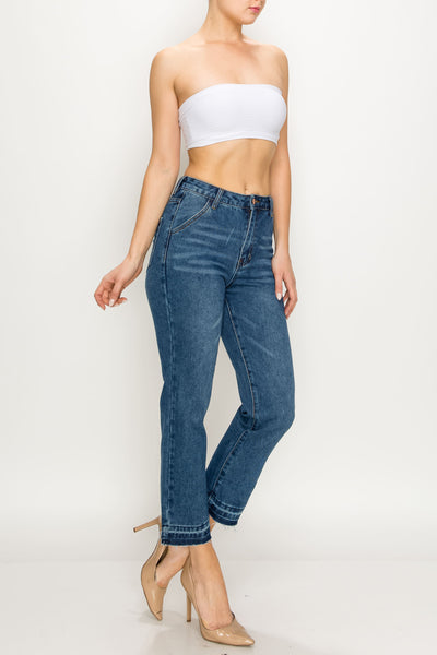 Dark Wash Released Hem Non-stretch Straight Jeans
