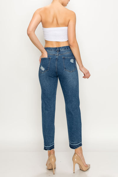 Dark Wash Released Hem Non-stretch Straight Jeans