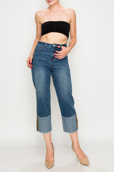 Dark Wash Cuff Fray Non-stretch Wide Leg Jeans