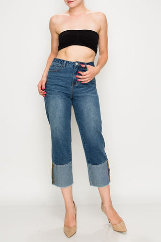 Dark Wash Cuff Fray Non-stretch Wide Leg Jeans