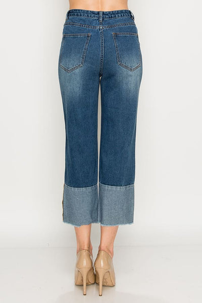Dark Wash Cuff Fray Non-stretch Wide Leg Jeans