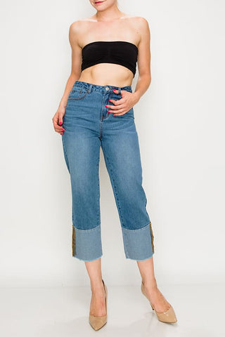 Medium Wash Cuff Fray Non-stretch Wide Leg Jeans