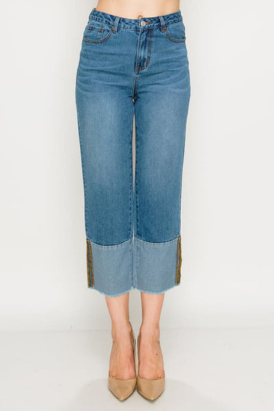 Medium Wash Cuff Fray Non-stretch Wide Leg Jeans