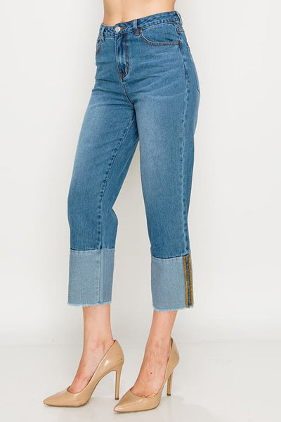Medium Wash Cuff Fray Non-stretch Wide Leg Jeans