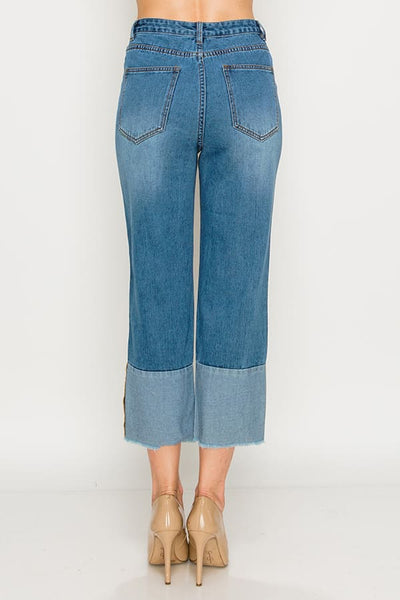 Medium Wash Cuff Fray Non-stretch Wide Leg Jeans