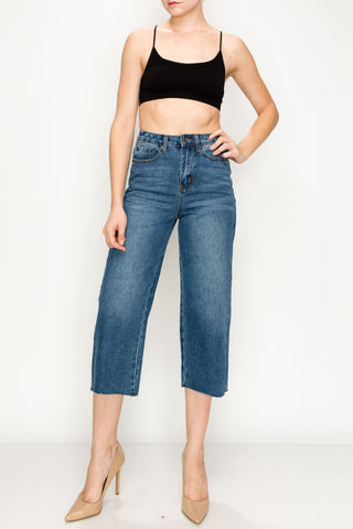 Dark Wash Raw Cut Hem Non-stretch Wide Leg Jeans