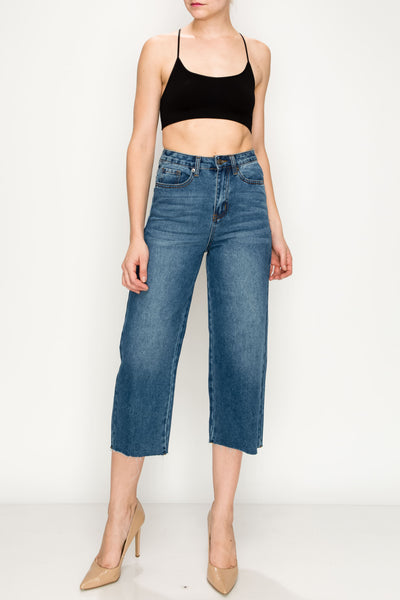 Dark Wash Raw Cut Hem Non-stretch Wide Leg Jeans