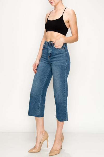 Dark Wash Raw Cut Hem Non-stretch Wide Leg Jeans