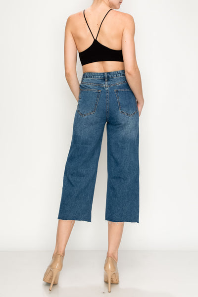 Dark Wash Raw Cut Hem Non-stretch Wide Leg Jeans