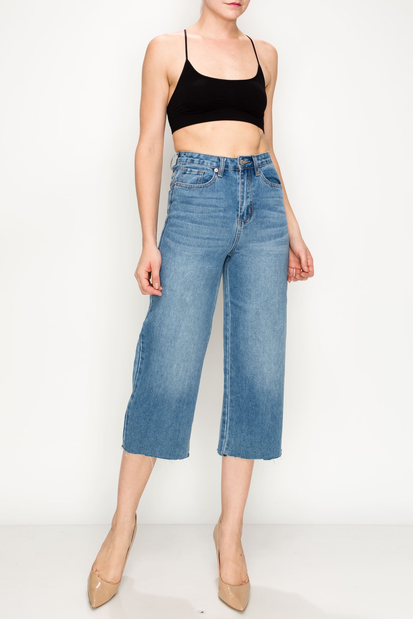 Medium Wash Raw Cut Hem Non-stretch Wide Leg Jeans