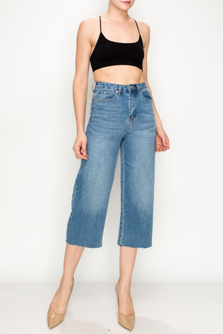 Medium Wash Raw Cut Hem Non-stretch Wide Leg Jeans