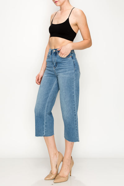 Medium Wash Raw Cut Hem Non-stretch Wide Leg Jeans