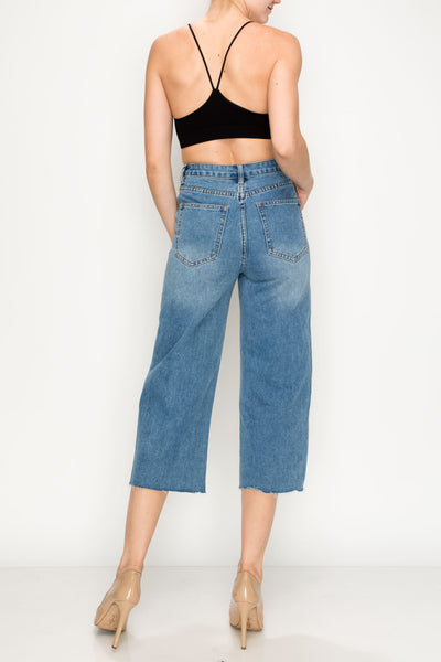Medium Wash Raw Cut Hem Non-stretch Wide Leg Jeans