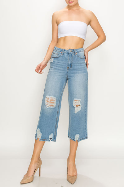 Light Wash Non-stretch Ripped Wide Leg Jeans