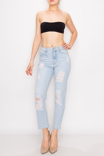 Bleached Destroyed Raw Hem Straight Jeans