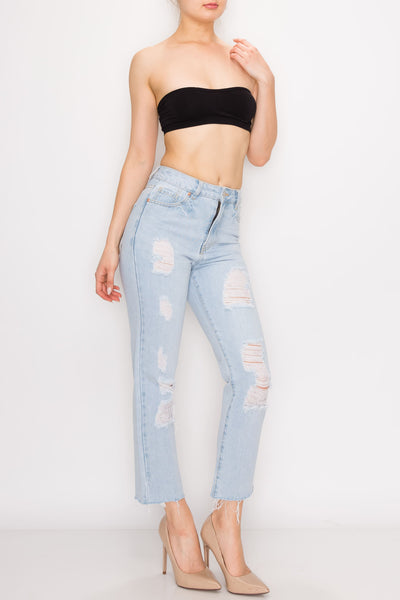 Bleached Destroyed Raw Hem Straight Jeans