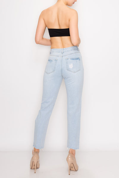 Bleached Destroyed Raw Hem Straight Jeans