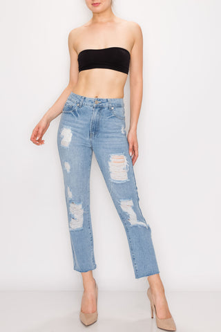 Light Wash Destroyed Raw Hem Straight Jeans
