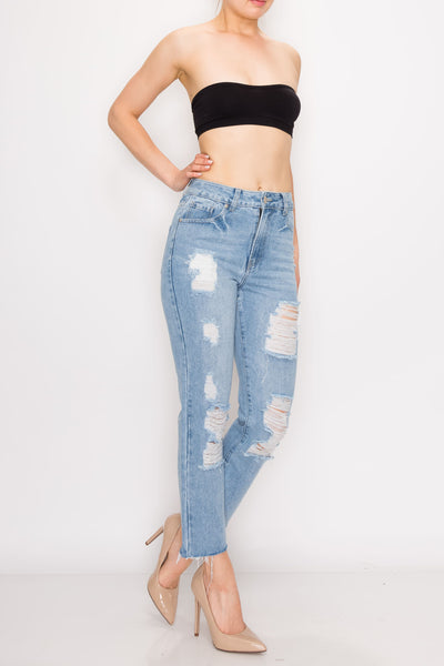 Light Wash Destroyed Raw Hem Straight Jeans