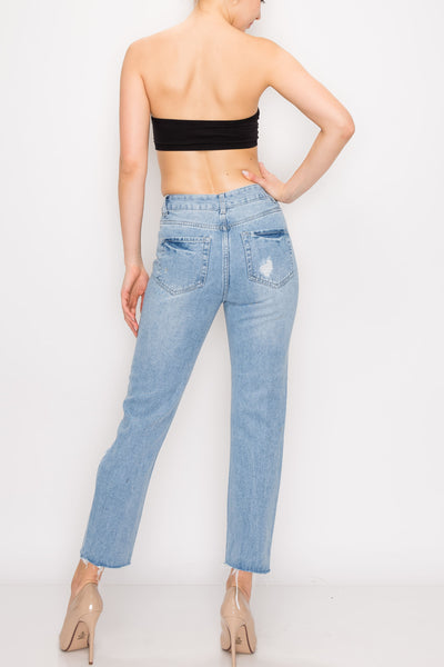 Light Wash Destroyed Raw Hem Straight Jeans