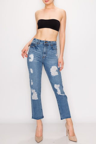 Medium Wash Destroyed Raw Hem Straight Jeans