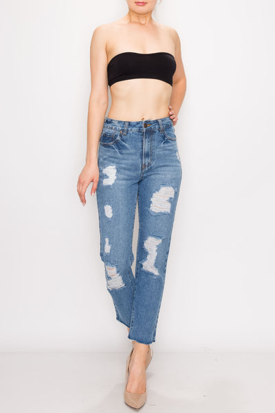 Medium Wash Destroyed Raw Hem Straight Jeans