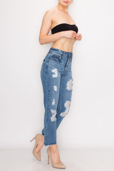 Medium Wash Destroyed Raw Hem Straight Jeans