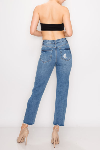 Medium Wash Destroyed Raw Hem Straight Jeans