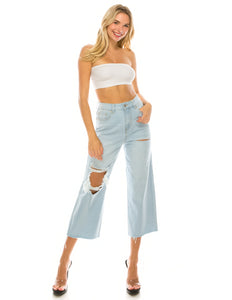 Light Wash Destroyed Raw Cut Hem Wide Leg Jeans