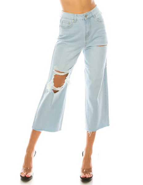 Light Wash Destroyed Raw Cut Hem Wide Leg Jeans