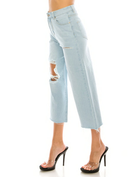 Light Wash Destroyed Raw Cut Hem Wide Leg Jeans
