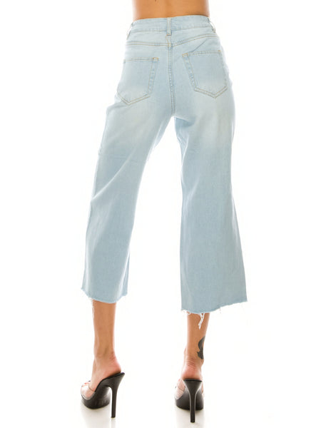 Light Wash Destroyed Raw Cut Hem Wide Leg Jeans