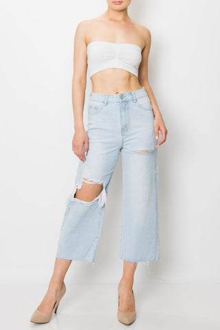 Light Wash Destroyed Raw Cut Hem Wide Leg Jeans