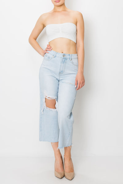 Light Wash Destroyed Raw Cut Hem Wide Leg Jeans