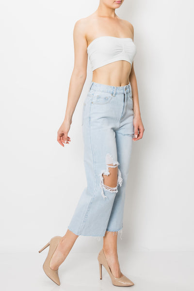 Light Wash Destroyed Raw Cut Hem Wide Leg Jeans