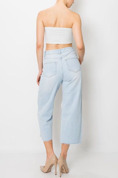 Light Wash Destroyed Raw Cut Hem Wide Leg Jeans